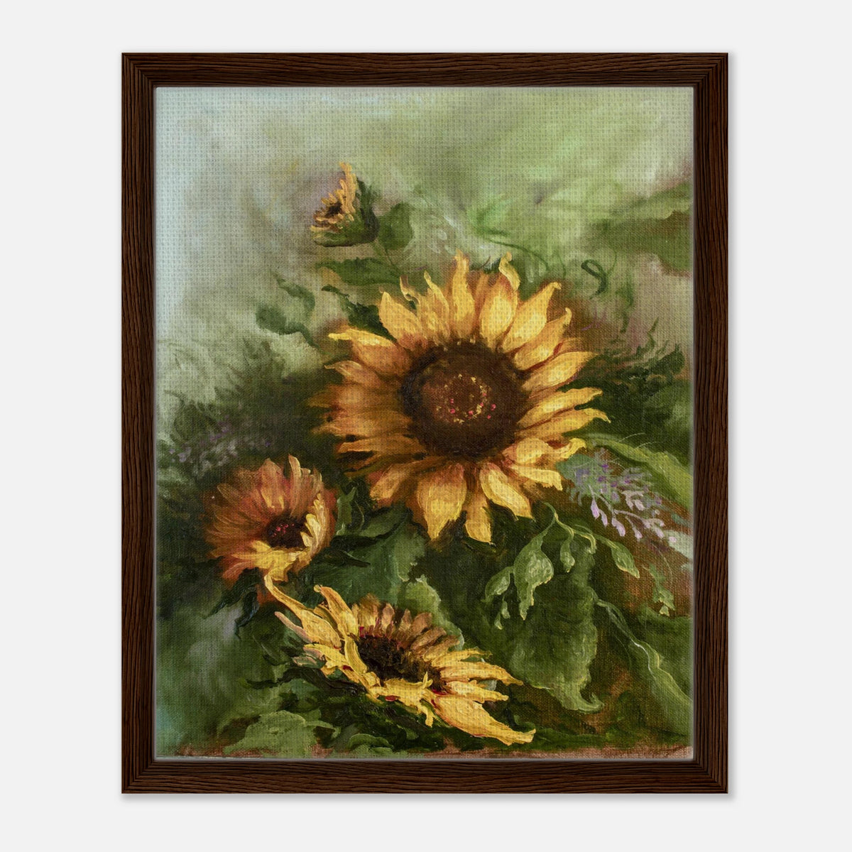Framed canvas art of sunflowers with deep walnut wood frame