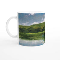 Tranquil Lake & Forest Art Ceramic Mug – Immerse in Nature with Black or White Inside