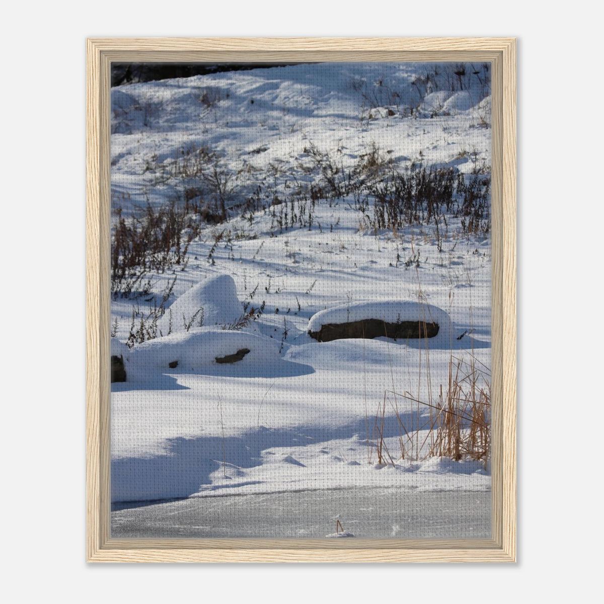 Winter Serenity Snow & Ice Framed Canvas Art - Vertical Landscape Decor in 3 Sizes & Wood Types
