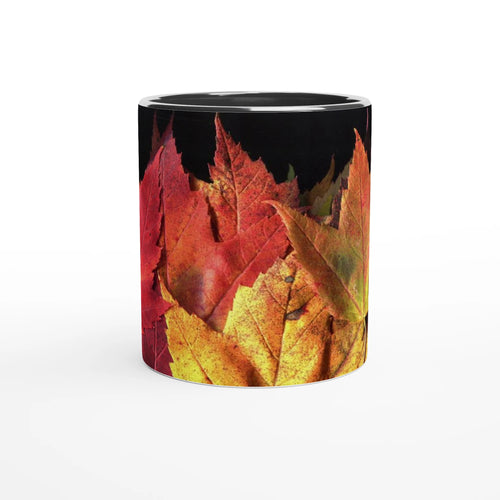 Ceramic mug with black interior highlighting red, orange, and yellow autumn leaves