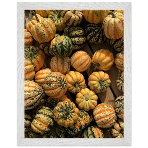 Framed vertical print with green and orange gourds closely packed together