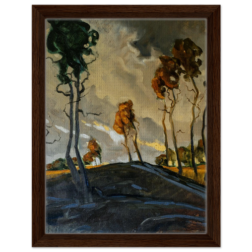 Vertical framed canvas artwork of moody autumn trees in dark brown wood frame