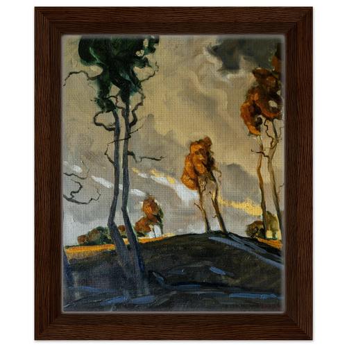 Framed canvas artwork of moody autumn trees in dark brown wood frame