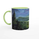 Ceramic mug with mountain lake art and light green interior