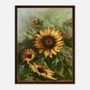 Framed canvas art of sunflowers with deep walnut wood frame and portrait orientation