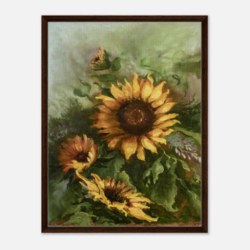 Framed canvas art of sunflowers with deep walnut wood frame and portrait orientation
