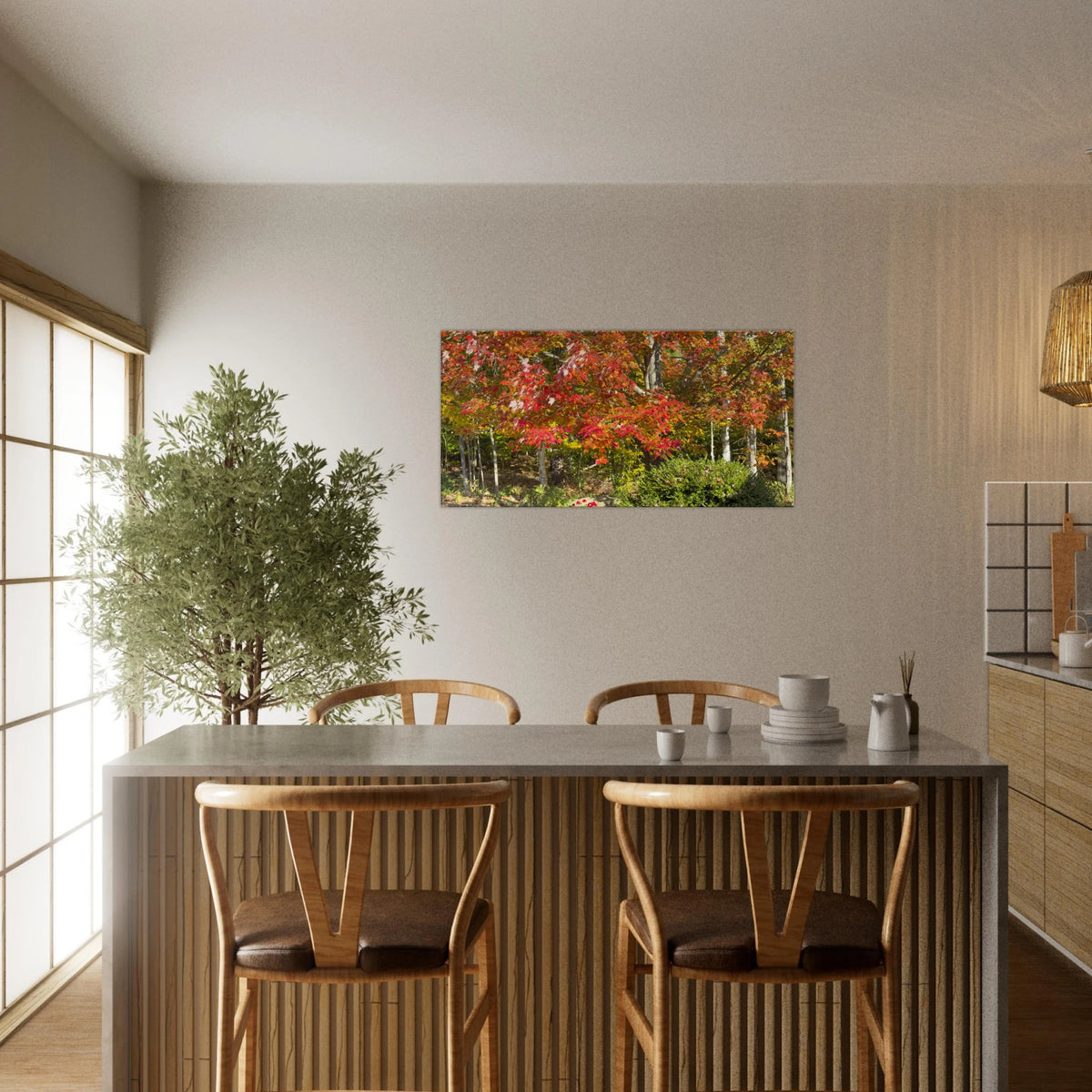 Vibrant autumn maple art on canvas decorating a contemporary dining area
