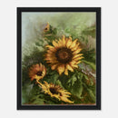 Framed canvas art of sunflowers with a black frame