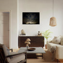 Night sky wood art displayed in a warm modern living room above a dark wood cabinet