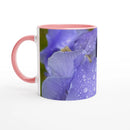 Ceramic mug with dew-covered iris petal, pink interior and handle