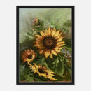 Framed canvas art of sunflowers with a black frame and portrait orientation
