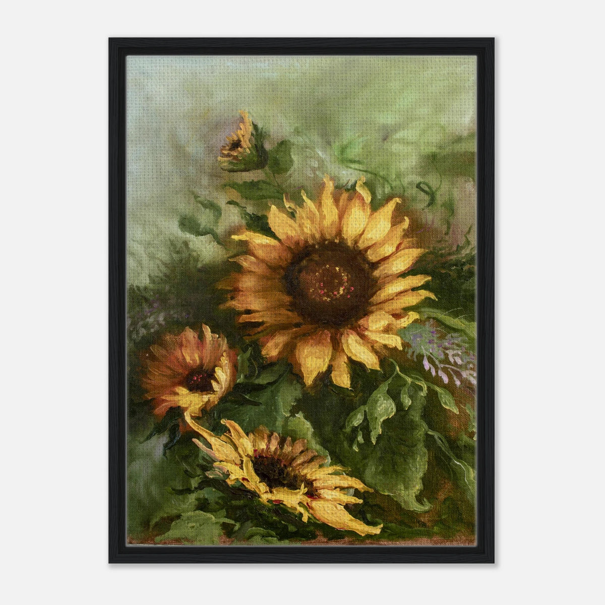Framed canvas art of sunflowers with a black frame and portrait orientation