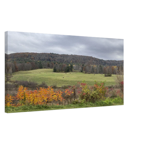 Side view of autumn countryside canvas art showing gallery wrap depth