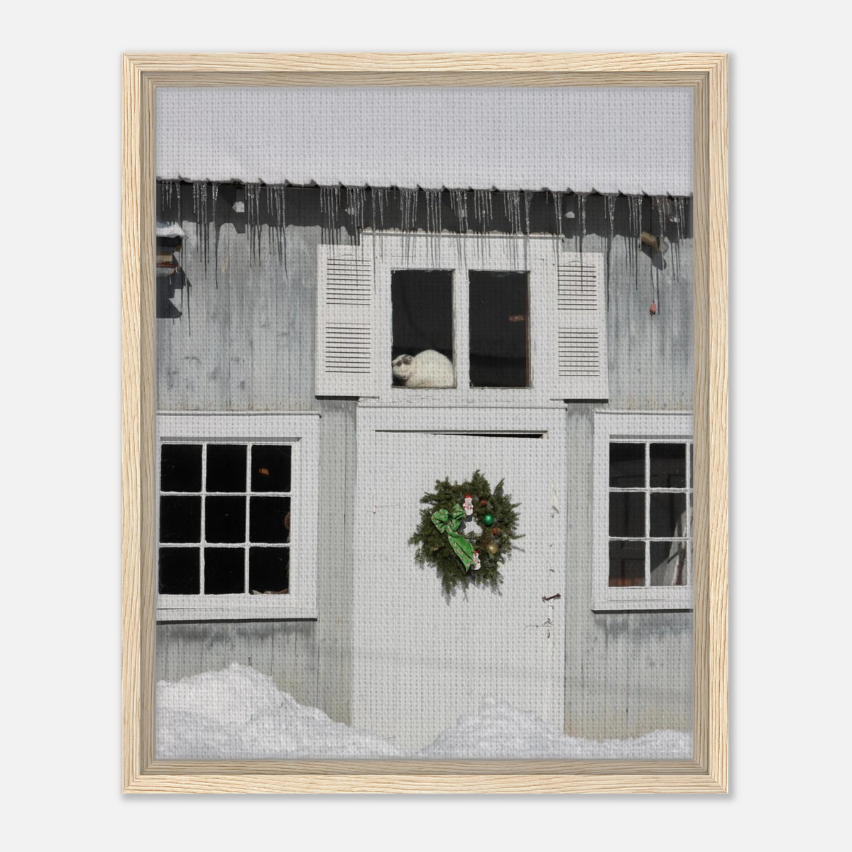 Winter Whimsy Framed Canvas: Cozy Cat & Festive Wreath Art in Your Choice of Wood Frame