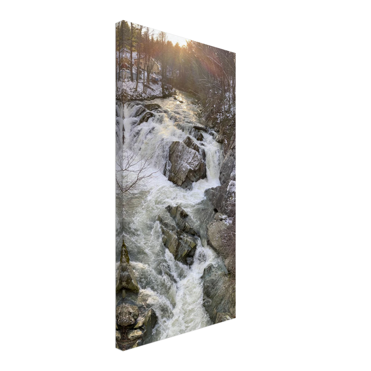 Three-quarter view of winter river waterfall canvas wall art
