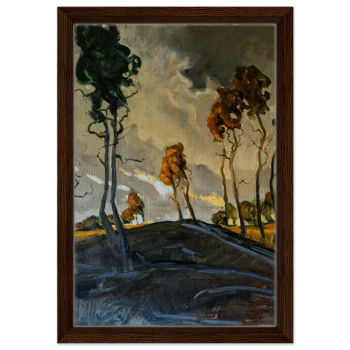 Vertical framed canvas artwork of moody autumn trees in dark brown wood frame