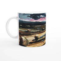 Rustic Sunset Farmhouse Mug: Impressionistic Field Art with Customizable Black or White Inside