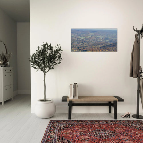 Panoramic autumn valley canvas art in a welcoming entryway
