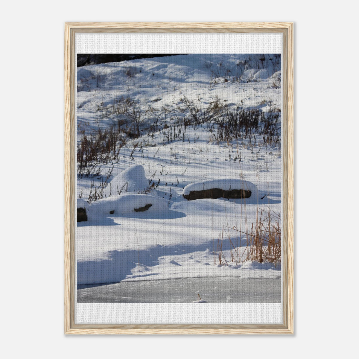 Winter Serenity Snow & Ice Framed Canvas Art - Vertical Landscape Decor in 3 Sizes & Wood Types