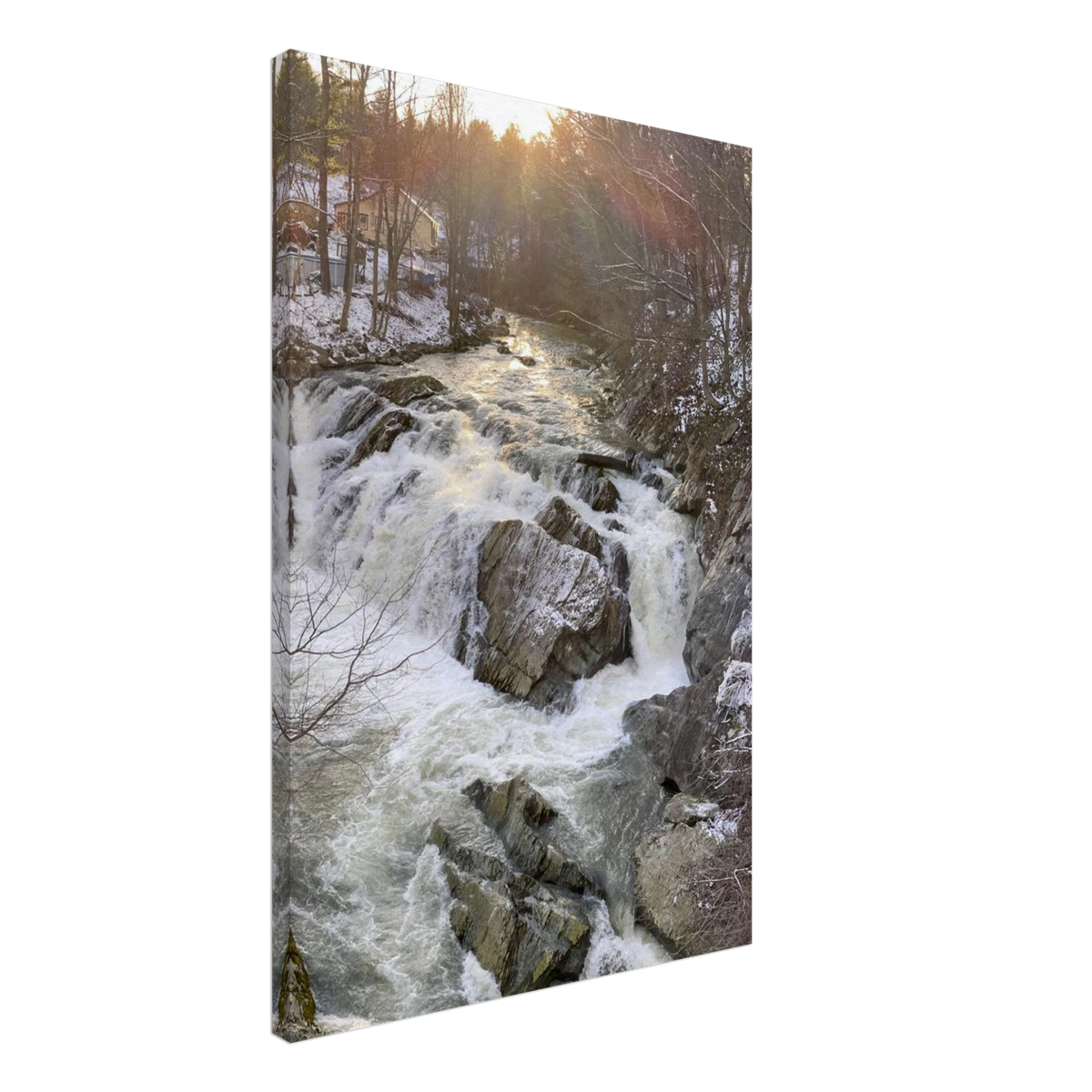 Vertical edge view of snowy forest river waterfall art canvas